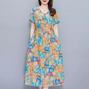 Элегантные женские платья летние большие размеры винтажная одежда с коротким рукавом повседневное длинное платье XL
