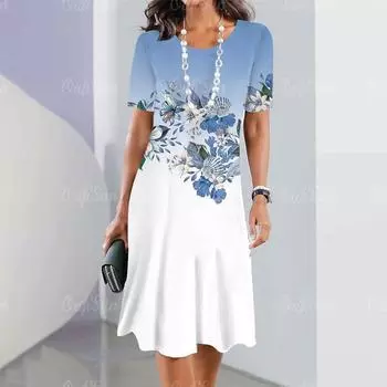 Элегантные женские платья, модные женские топы с короткими рукавами, повседневные женские свободные платья А-силуэта, пуловеры, простые цветы, одежда S