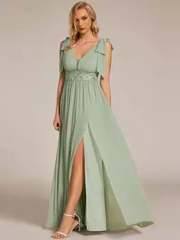 Элегантные женские платья подружек невесты из шифона с бантом, без рукавов, боковыми разрезами и аппликационным поясом. S мятный зеленый