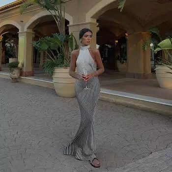 Элегантные женские платья Полосатое сексуальное облегающее платье с открытой спиной, обтягивающее платье без рукавов со шнуровкой, летнее шикарное вечернее платье для леди XS