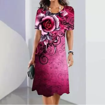 Элегантные женские платья с измельченными цветами, летнее свободное платье, одежда больших размеров, пуловер, уличная одежда, платья с короткими рукавами S