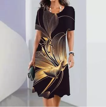 Элегантные женские платья, женская одежда, свободный круглый вырез, пуловер, мятые цветы, короткие рукава, платье, длинное платье с 3D-принтом, новое 2XL