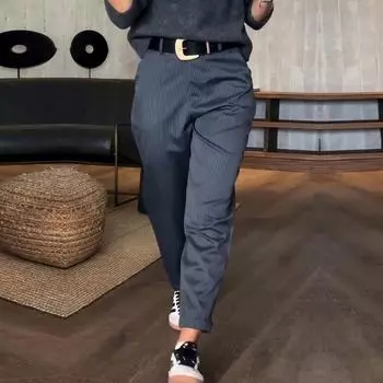 Элегантные женские полосатые брюки с высокой талией и прямыми штанинами, универсальный дизайн, повседневные брюки XL чёрный