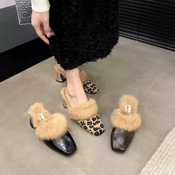 Элегантные женские полутапочки с толстым мехом и квадратным носком, сексуальные леопардовые короткие плюшевые туфли на высоком каблуке, мюли, зимние дизайнерские туфли-лодочки 2025 года 35 чёрный