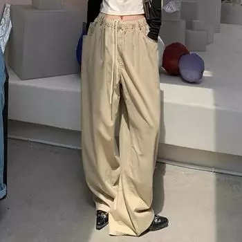Элегантные женские повседневные брюки на шнурке, модные свободные брюки с высокой талией 2024, однотонные широкие брюки в стиле ретро, женские прямые женские брюки больших размеров S хаки