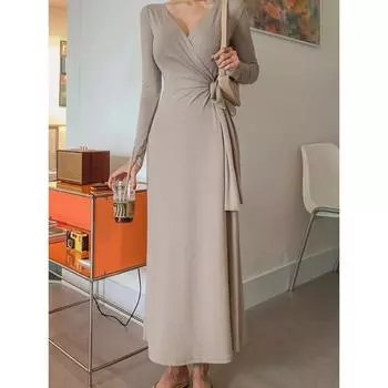 Элегантные женские повседневные платья с V-образным вырезом и длинным рукавом, весенние новые облегающие завязанные платья с запахом, женские модные темпераментные сексуальные вечерние модные длинные платья 2801 S чёрный