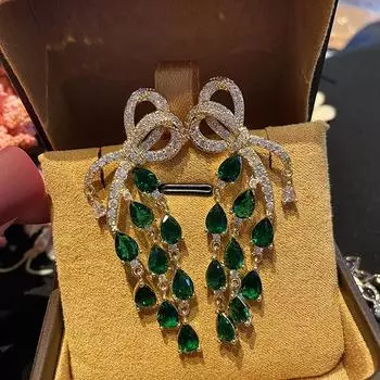 Элегантные женские роскошные серьги-капли из серебра 925 пробы с бантом и блестящим циркониевым камнем, модные свадебные длинные висячие кисточки зелёный