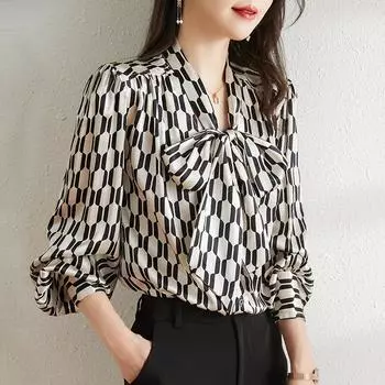 Элегантные женские рубашки, черно-белая блузка с принтом, женская, весенняя, с V-образным вырезом, с ленточным дизайном, рубашка с длинными рукавами, женская S чёрный