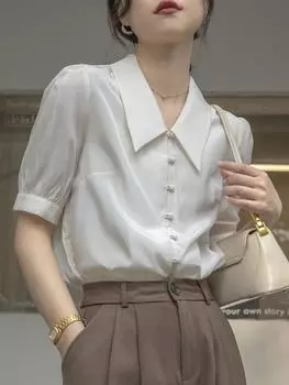 Элегантные женские рубашки, французская белая рубашка, женская рубашка с короткими рукавами, дизайн Sense Niche, атласная блузка с V-образным вырезом, летний темперамент, профессиональная рубашка для поездок на работу S бежевый