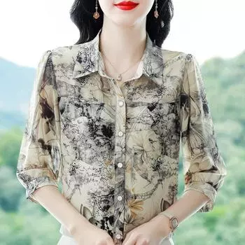Элегантные женские рубашки, новая китайская шелковая рубашка с цветочным принтом, женская рубашка с рукавом семь минут, летняя ретро-блузка Tide M абрикосовый