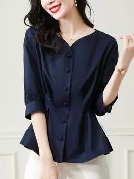 Элегантные женские рубашки с французской талией, тонкая женская рубашка, летняя дизайнерская рубашка с V-образным вырезом, темпераментная блузка с рукавом семь минут S