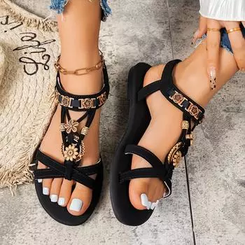 Элегантные женские сандалии на плоской подошве со стразами и бабочками — черные, с открытым носком, с золотистыми пряжками в виде цветов, надежный эластичный ремешок, женские сандалии 36 чёрный
