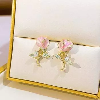Элегантные женские серьги-гвоздики с розами, серьги-гвоздики с розовым цветком в лесном стиле, романтические украшения розовый