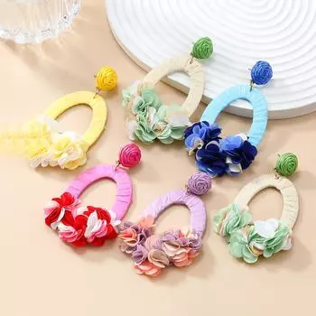 Элегантные женские серьги из рафии с цветком в стиле бохо - осенняя коллекция розы красного