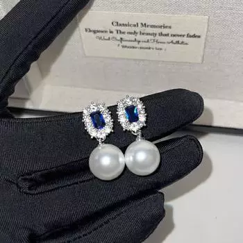 Элегантные женские серьги из серебра 925 пробы с голубым цирконием и белым жемчугом 5А RF389 синий