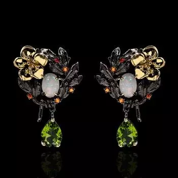 Элегантные женские серьги-капли с растительным цветком и жемчугом, зеленый циркон, серьги с опалом, женские ювелирные изделия, роскошные женские серьги из черного золота чёрный