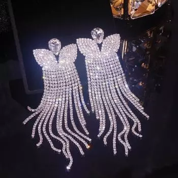 Элегантные женские серьги-подвески со стразами и кристаллами, серебристые длинные серьги с кисточками для женщин, большие свадебные серьги, ювелирные изделия 12.5CM