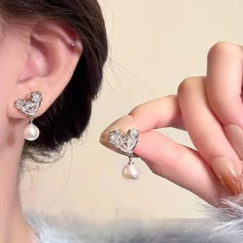 Элегантные женские серьги-сердечки из серебра 925 пробы с цирконием и жемчугом A1538 серебряный