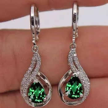 Элегантные женские серьги в виде капли воды из цинка и стекла зелёный