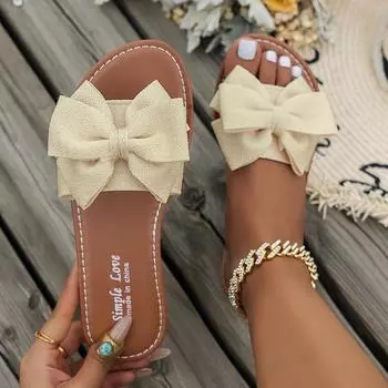 Элегантные женские шлепанцы с бантом, летние туфли с открытым носком, туфли на плоской подошве для отдыха в помещении и на открытом воздухе на пляже 36 бежевый
