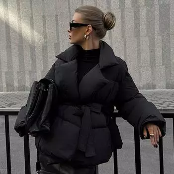 Элегантные женские стеганые пальто с поясом, узким карманом на лацкане, длинным рукавом, женская стеганая куртка 2025 года, зимняя женская однотонная уличная одежда S чёрный