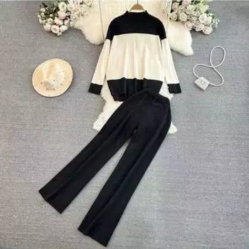 Элегантные женские свитера с длинными рукавами, вязаные костюмы из 2 предметов, повседневные женские вязаные свитера и длинные широкие брюки, комплекты из двух предметов One Size бежевый