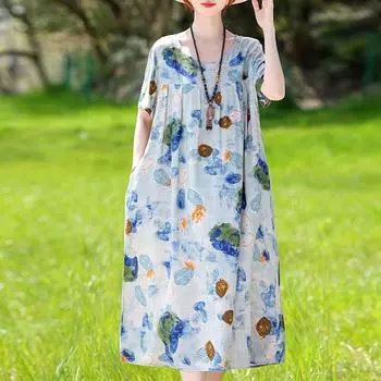 Элегантные женские свободные платья больших размеров, повседневные длинные платья с винтажным принтом и рукавами, летняя одежда XL