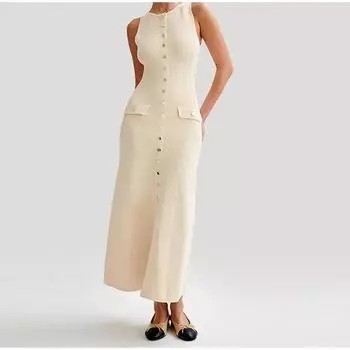 Элегантные женские трикотажные однобортные длинные платья женские однотонные без рукавов с круглым вырезом на пуговицах облегающие вечерние женские платья S абрикосовый