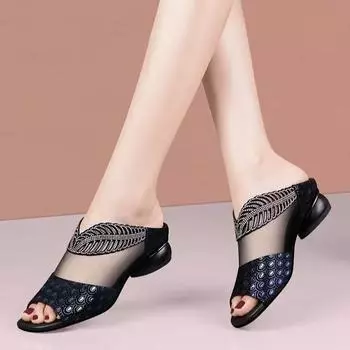 Элегантные женские туфли из сетчатого дышащего темпераментного кружевного балетки повседневные золотые черные женские мокасины сандалии с молнией сзади 35 чёрный