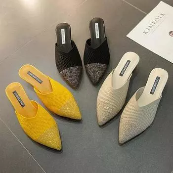Элегантные женские туфли-лодочки на среднем каблуке, женские дизайнерские роскошные вечерние тапочки со стразами, новинка лета 2024, сандалии, модные тапочки 34 жёлтый