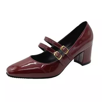Элегантные женские туфли Мэри Джейн на толстом каблуке с квадратным носком и двумя ремешками на щиколотке. Женские туфли-лодочки из лакированной кожи на высоком каблуке для вечеринок. 35