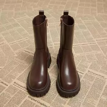 Элегантные женские туфли на низком каблуке с круглым носком, зима 2024, средняя длина голени, Gyaru, большие размеры, теплые, новые, женские полусапоги для косплея 35