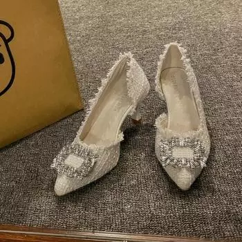 Элегантные женские туфли на высоком каблуке, роскошные женские босоножки со стразами, модные туфли с острым носком для вечеринок и свадеб, дизайнерские сексуальные женские туфли 35 бежевый
