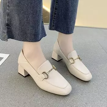 Элегантные женские туфли на высоком каблуке с металлической пряжкой, удобные женские туфли-лоферы из искусственной кожи на среднем каблуке, повседневные туфли-оксфорды в британском стиле 34 чёрный