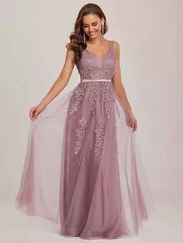 Элегантные женские вечерние платья Ever-Pretty из струящегося тюля с прозрачными аппликациями и V-образным вырезом без рукавов 3XL лунный камень синий