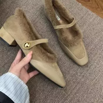 Элегантные женские винтажные ботинки во французском стиле с флисовой подкладкой, зимняя верхняя одежда 2024 года, новый стиль, летняя одежда с резиновым верхом, балетки 35 хаки