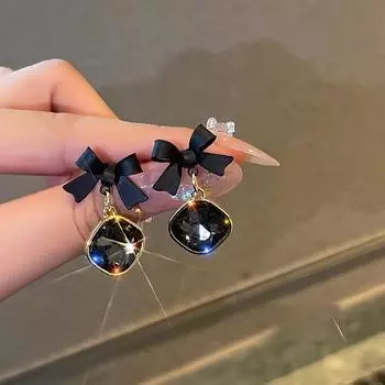Элегантные женские висячие серьги с черным цирконием и бантом для женщин, индивидуальные серьги-подвески с темпераментом, ювелирные изделия для девочек, подарочные аксессуары чёрный