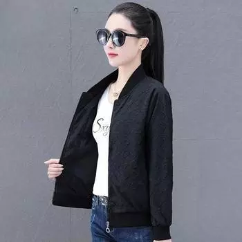 Элегантные женские жаккардовые короткие куртки Шикарные с круглым вырезом на молнии с длинным рукавом Укороченные пальто Осень Повседневная винтажная верхняя одежда XXXXL чёрный