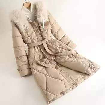 Элегантные зимние куртки женские длинные парки с поясом воротник из искусственного меха свободные толстые теплые пальто больших размеров M чёрный