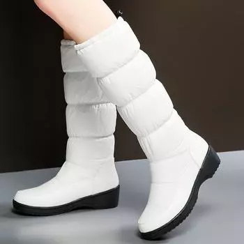 Элегантные зимние теплые пуховые водонепроницаемые зимние ботинки для женщин на низком каблуке, до середины икры, высокое качество, большой размер 44 35 чёрный