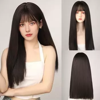 Элегантный 26-дюймовый длинный прямой черный парик с челкой для женщин - термостойкие синтетические волосы, матовая отделка высокой плотности 26inch