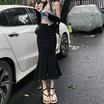 Элегантный эластичный джинсовый бюстье, женский летний дизайн, удлиненная узкая юбка-бюстье с открытыми бедрами, удобная модная джинсовая юбка-бюстье S синий