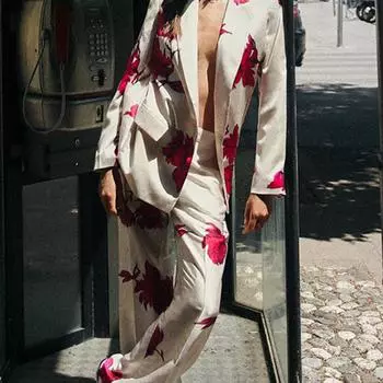 Элегантный атласный комплект с принтом клена, женские свободные рубашки с длинным рукавом и лацканами, свободные широкие брюки, осенний женский универсальный костюм S