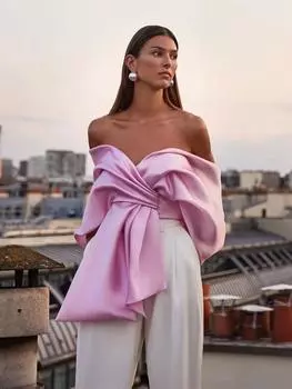 Элегантный атласный топ, женские сексуальные плиссированные женские клубные рубашки с открытыми плечами и открытой спиной, весна-лето 2024, уличный жилет с бантом на шнуровке S розовый