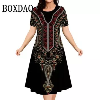 Элегантный этнический стиль с бохо-принтом, модное свободное платье больших размеров, летние винтажные трендовые женские платья с коротким рукавом XS