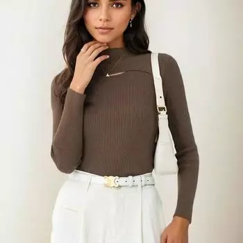 Элегантный ажурный свитер, женский осенне-зимний вязаный топ, облегающий пуловер с полувысоким воротником, одежда 29841 S кофейный