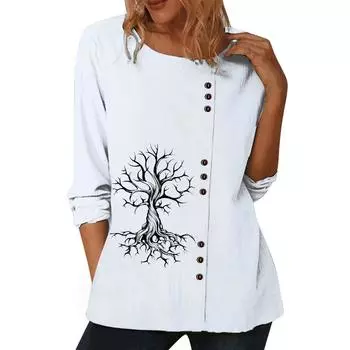 Элегантный белый хлопковый топ с несколькими принтами для женщин, с круглым вырезом и длинными рукавами S