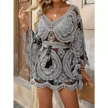 Элегантный бохо-рашгард с V-образным вырезом, рукава «летучая мышь», трикотажная ткань из смесового нейлона с легкой эластичностью, контрастная сетчатая деталь, женский пляжный топ One size