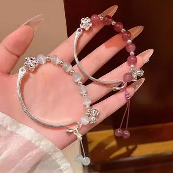 Элегантный браслет в средневековом стиле с клубничным кристаллом и лотосом из кошачьего глаза S502