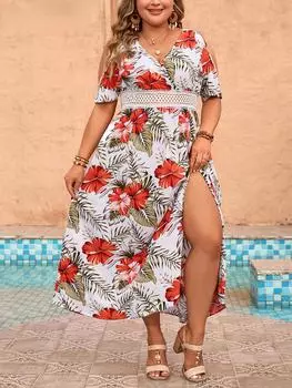 Элегантный цельный комплект с V-образным вырезом и принтом, женское летнее платье с открытыми плечами, длинные платья с открытыми плечами, женский дизайн, тонкая одежда большого размера, женская одежда XL белый